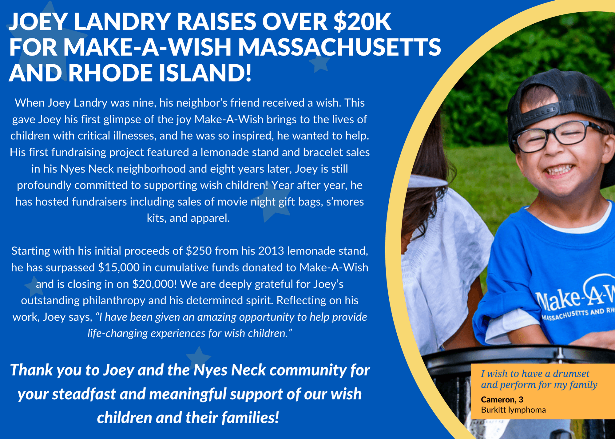 Thank-you graphic sharing the Nyes Neck Make-A-Wish fundraising story.